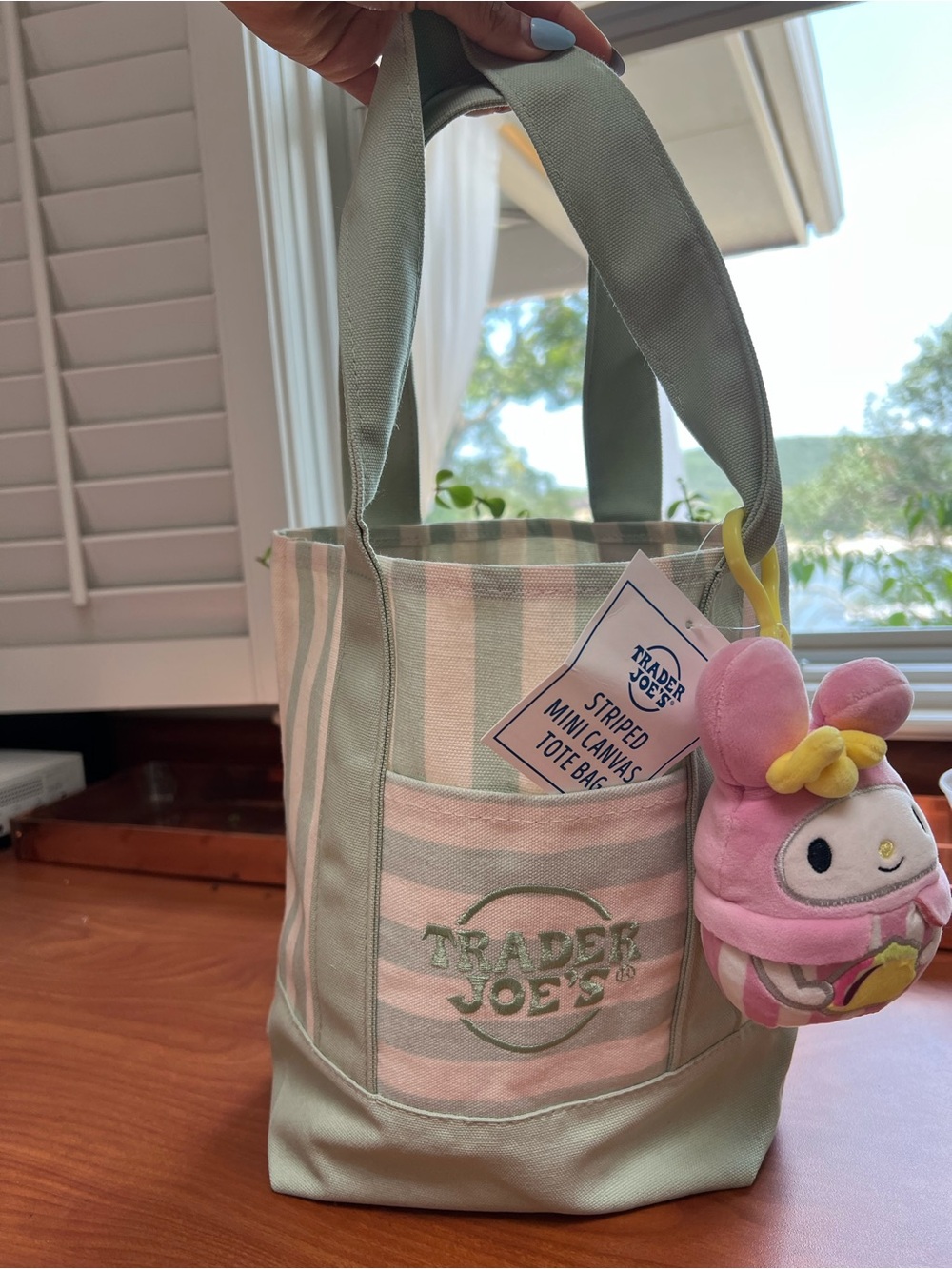 💚✨Trader Joe's Mint Striped Canvas Tote Bag with Melody keychain - Picture 3 of 5